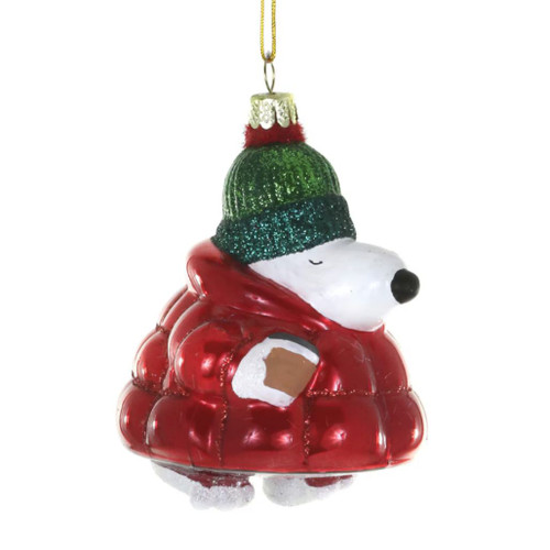Glass white bear ornament wearing a red puffer coat and green winter hat.
Bundled animal Christmas ornament holding a small cup with glitter accents.
3 inch Out for a Cuppa glass ornament hanging on a white background.