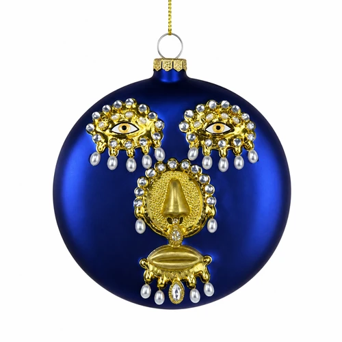 Blue glass disc Christmas ornament with stylized face design, gold details, and pearl-like accents.
Flat deep blue ornament with gold facial features, pearl-style drops, and hanging cord.
3.5 inch glass face disc ornament in blue with decorative pearl-style trim.