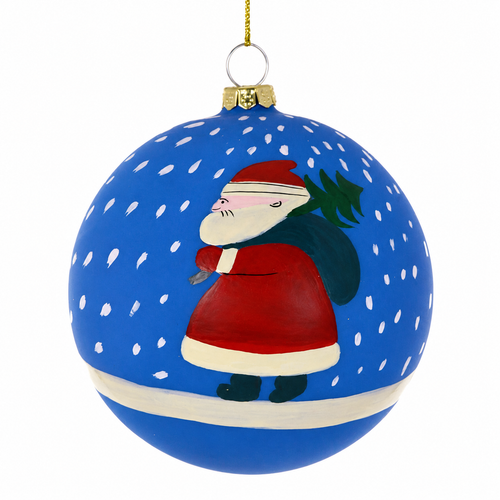 Blue glass ball Christmas ornament with painted Santa carrying a tree in falling snow.
Round Santa snowfall ornament with red coat, snowy blue background, and cream band detail.
3.25 inch glass Santa ornament with winter scene and hanging cord.