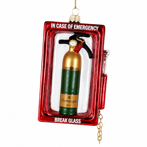 Glass ornament shaped like a red champagne emergency case.
Break glass-style ornament with champagne bottle inside and hanging chain.
Champagne Emergency glass ornament measuring 2.4 x 1 x 4 inches.