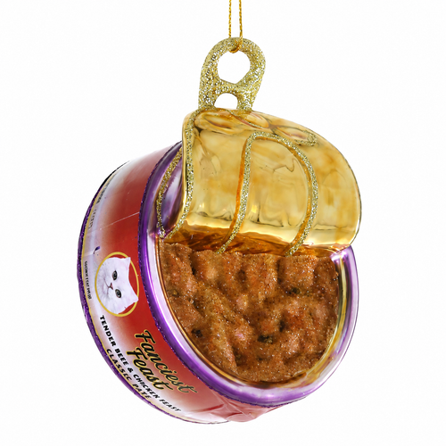 Glass ornament shaped like an opened can of cat food with pull-tab top.
Pet-themed Finest Fanciest Feast ornament with colorful label and textured food detail.
Glass cat food can ornament measuring 3 x 1.5 x 3.5 inches.