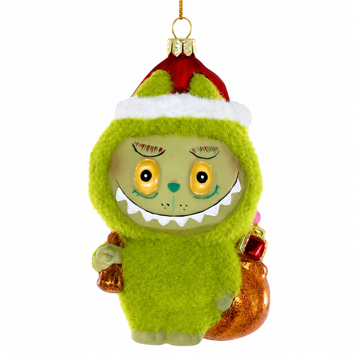 Glass Grinchybubu ornament with green fuzzy-style body and red Santa hat.
Green character ornament with toothy smile and glittery gold gift sack.
Grinchybubu glass ornament measuring 3 x 2.25 x 4.25 inches.