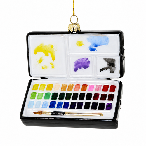 Glass ornament shaped like an open deluxe watercolor paint set.
Art-themed ornament with colorful paint pans, mixing tray, and paintbrush.
Deluxe Watercolor Set glass ornament measuring 4 x 3.5 x 4 inches.