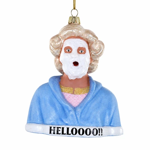 Glass Helloooo! ornament with blonde curls, blue robe, and white facial mask.
Funny bust-style ornament with bold “HELLOOOO!!” lettering on the base.
Helloooo! glass ornament measuring 3.75 x 2.5 x 4.5 inches.