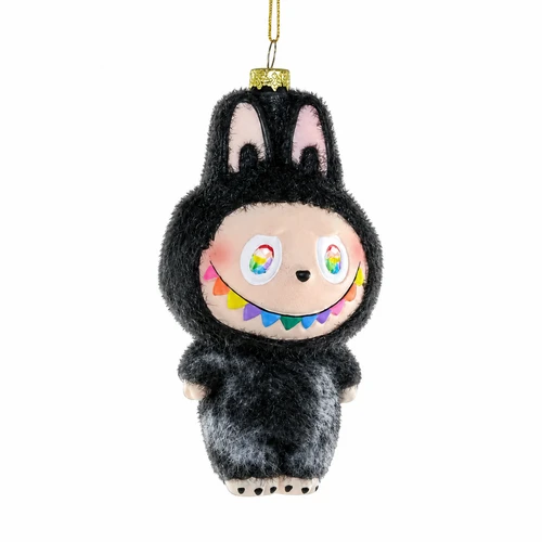 Charcoal fuzzy monster glass Christmas ornament with tall ears and colorful smile.
Playful monster ornament with rainbow eyes, black textured body, and hanging cord.
Glass character ornament measuring 2.25 x 2 x 5.75 inches.