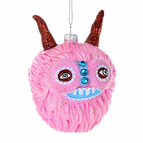 Pink friendly monster glass ornament with red horns and wide eyes.
Round pink monster hanging ornament with blue teeth and shiny blue face accents.
Friendly monster pink glass ornament measuring 2.75 x 3 x 4 inches.