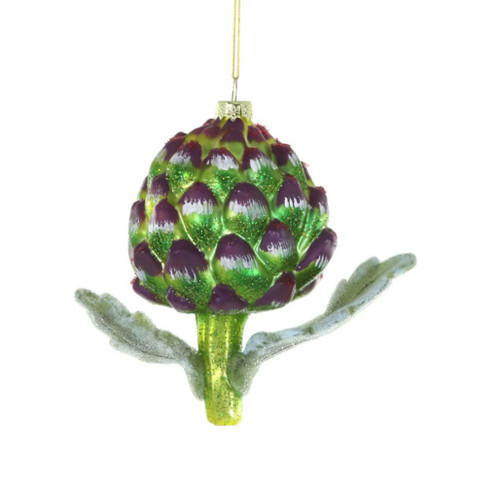 Glass artichoke ornament with green layered leaves and purple-tipped details.
Hanging artichoke ornament with glittery green stem and soft green side leaves.
Artichoke glass ornament measuring 5 x 3.25 x 4.5 inches.