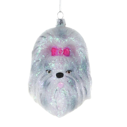 Glass Shih Tzu Christmas ornament with white fur and pink bow.
Pampered dog ornament with glitter accents and hanging cord.
White Shih Tzu face ornament for pet lover Christmas decorating.