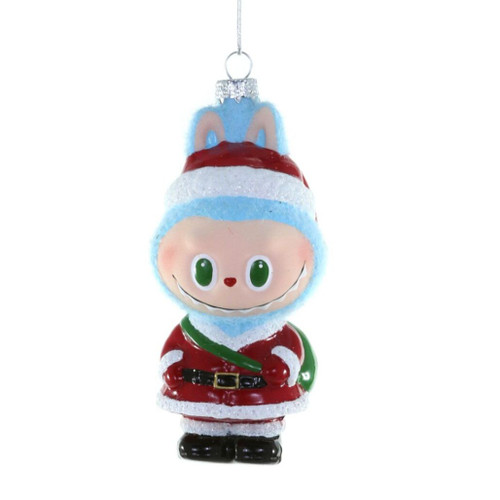 Glass Fuzzy Monster Santa ornament with blue fuzzy details and red suit.
Whimsical monster character ornament dressed as Santa with green sack detail.
Tall character Christmas ornament with Santa outfit, black boots, and silver hanging cord.