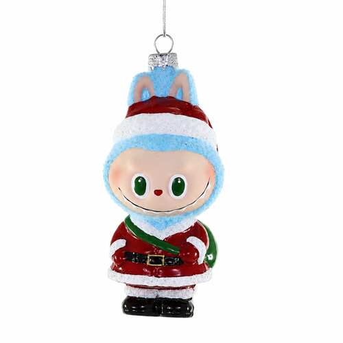 Glass Fuzzy Monster Santa ornament with blue fuzzy details and red suit.
Whimsical monster character ornament dressed as Santa with green sack detail.
Tall character Christmas ornament with Santa outfit, black boots, and silver hanging cord.