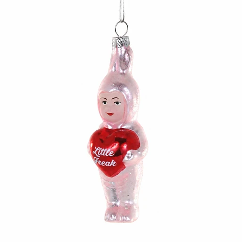 Glass Little Freak ornament with pink costume and red heart.
Quirky character Christmas ornament holding a heart that says “Little Freak.”
Slim glass novelty ornament with glitter accents and silver hanging cord.