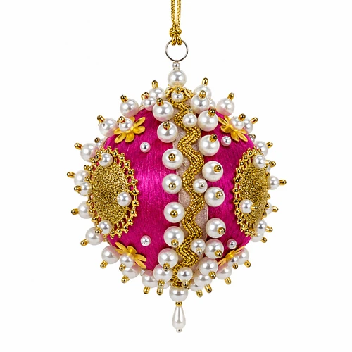 Dark pink pearled satin bauble ornament with pearl-like beads, gold trim, and sequin details.
Round dark pink Christmas ornament with ornate gold accents and hanging cord.
Dark Pink Pearled Satin Bauble ornament measuring 3.5 inches.