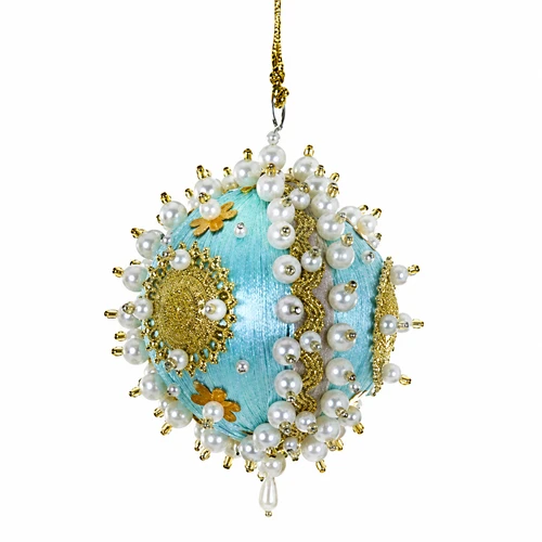 Light blue pearled satin bauble ornament with pearl-like beads, gold trim, and sequin details.
Round light blue Christmas ornament with ornate gold accents and hanging cord.
Light Blue Pearled Satin Bauble ornament measuring 3.5 inches.