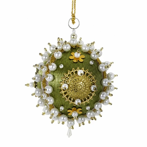 Light green pearled satin bauble ornament with pearl-like beads, gold trim, and sequin details.
Round light green Christmas ornament with ornate gold accents and small floral details.
Light Green Pearled Satin Bauble ornament measuring 3.5 inches.