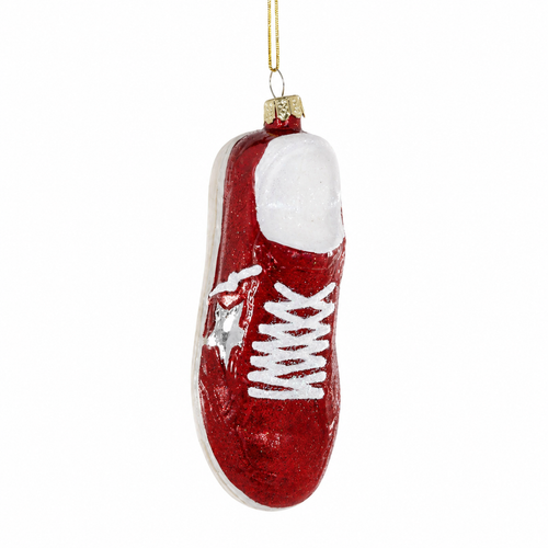 Red glass sneaker ornament with white laces, white toe detail, cream sole, and shiny star accent.
Sporty red Christmas ornament shaped like a sneaker hanging from a gold cord.
Red Luxe Star Sneaker glass ornament measuring 1.75 x 4 inches.