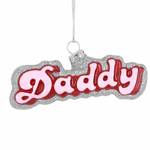 Word Bubble Daddy glass ornament with pink lettering and red edging.
Hanging Daddy ornament with silver glitter border and silver cord.
Glass family word ornament measuring 4 x 1 x 1 inches.