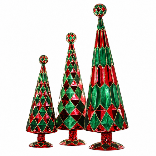 Set of three red and green gemstone-style glass Christmas trees.
Scarlet Cedar cone trees with jewel panels and gold-tone trim.
Glass tabletop tree set ranging from 11.5 to 18 inches tall.