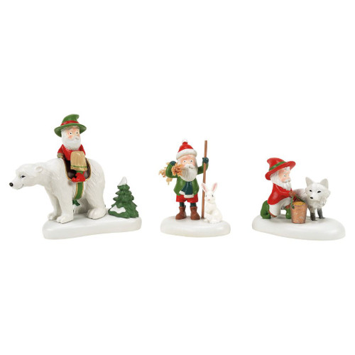 Department 56 50th Three Wee Kings S/3 North Pole Village accessory set.
Three elf king figures with animal companions carrying gifts for a village scene.
Compact Department 56 raffia, metal, calcium carbonate, and resin accessory set.
