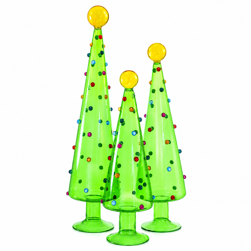 Set of three translucent green glass Christmas trees with colorful dotted accents.
Tabletop glass trees with yellow ball toppers and green pedestal bases.
Graduated green holiday tree set with tallest tree measuring up to 18.75 inches.