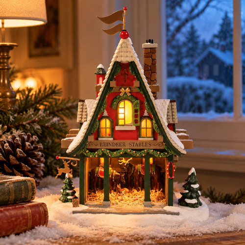 Department 56 North Pole Village 50th Reindeer Acres Stable – collectible Christmas village piece displayed in a cosy home