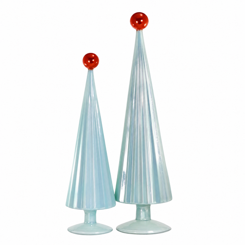 Two baby blue pleated glass Christmas trees with red ball toppers.
Large cone-shaped glass trees with vertical ribbing and pedestal bases.
Decorative glass tree set in baby blue, ranging from 18 to 21.75 inches.