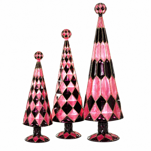 Set of three coral and burgundy glass gemstone Christmas trees with gold-tone outlines.
Graduated decorative cone trees ranging from 11.5 to 18 inches tall.
Stained-glass-style tabletop tree trio in pink, burgundy, and dark ruby tones.