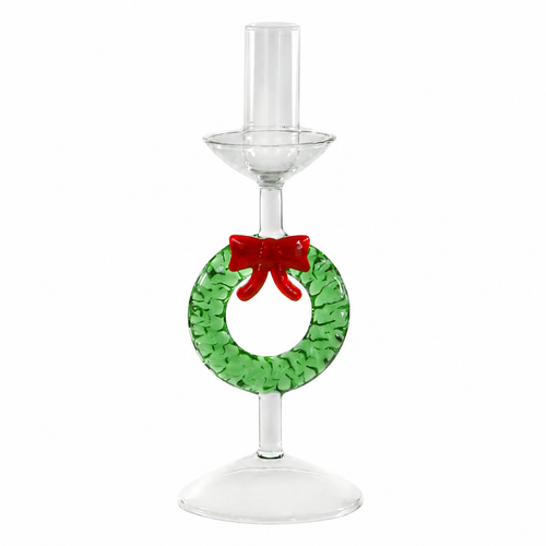 Clear glass candlestick with green wreath and red bow accent.
8-inch glass holiday candlestick with round base and festive wreath detail.
Christmas tabletop candle holder measuring 3 x 3 x 8 inches.