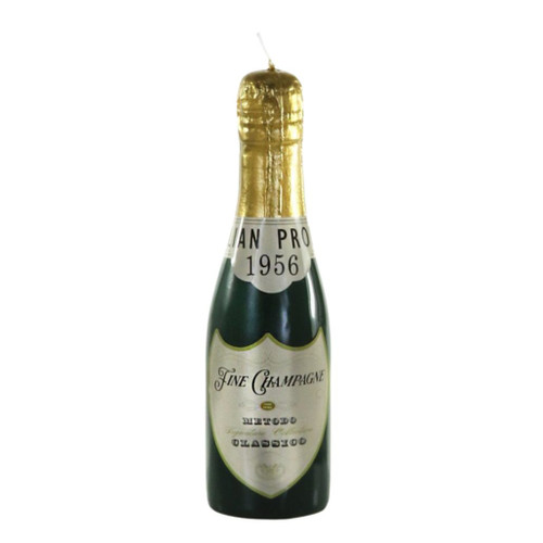 Small champagne bottle-shaped candle with gold foil-style top and green bottle body.
Wax candle with printed champagne label detail on the front.
Decorative 2.5 x 2.5 x 8 inch champagne bottle candle for festive displays.