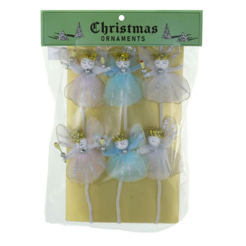 Pack of 6 cherubette Christmas trims in pastel dresses inside clear packaging.
Small angel-style paper trims with glitter accents, halos, and wand details.
Cherubette trim pack with pink, blue, and white decorative Christmas accents.
