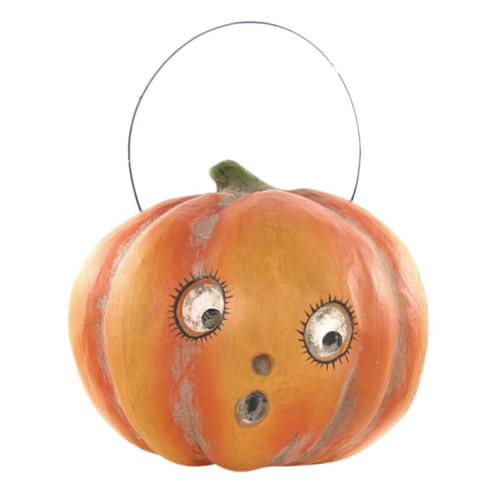 Paper mache pumpkin candy bucket with surprised face and wire handle.
Orange Halloween pumpkin bucket with wide painted eyes, small mouth, and stem.
7.25 x 8 x 6 inch What a Fright candy bucket for wrapped treats and displays.