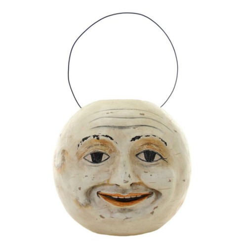 Paper mache Fairytale Moon candy bucket with smiling moon face and wire handle.
Vintage-style round moon bucket with painted eyes, soft smile, and aged details.
10 inch paper mache moon candy bucket for wrapped treats and Halloween displays.