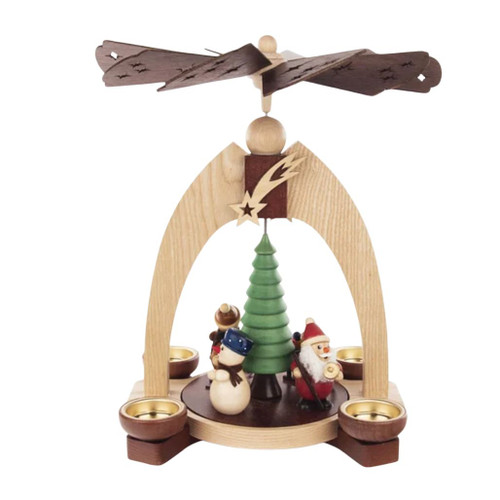 Wood Christmas pyramid with Santa Claus, snowman, and green tree
Dregeno natural wood pyramid with four tealight candle holders
German Christmas pyramid with top fan and holiday figures