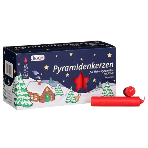 Box of  red pyramid candles with winter cabin artwork
Medium red wax candle shown beside pyramid candle box
German-made red pyramid candles sold in a box of 50