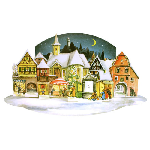 3D Advent calendar with moonlit Christmas village and church
Paper Advent calendar with five unfolding panels and 24 numbered windows
German-made 1955-style market church Advent calendar with no glitter