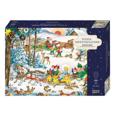 Puzzle Advent Calendar box with Santa sleigh Christmas artwork
Cardboard Advent puzzle calendar with 24 numbered boxes
German-made Christmas jigsaw puzzle Advent calendar for puzzle lovers