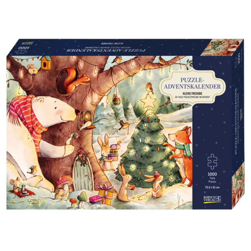Puzzle Advent Calendar box with Christmas animals and tree artwork
Cardboard Advent puzzle calendar with polar bear, fox, rabbits, and woodland animals
German-made 1000-piece Christmas animals puzzle Advent calendar