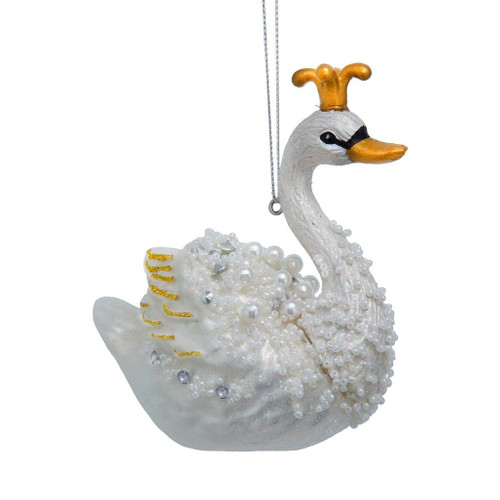 White glass swan ornament with shimmering accents and gold crown.
Kurt Adler swan Christmas ornament with regal gold crown detail.
4.25-inch white glass and resin swan ornament for holiday décor.