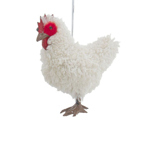White hen Christmas ornament with textured fluffy feather detailing and realistic farmyard styling.
Farmhouse-inspired hanging hen ornament with red comb and natural-colored feet.
4-inch Kurt Adler hen ornament made of plastic and polypropolene.