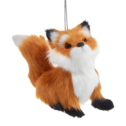 Faux fur fox Christmas ornament with curled tail and orange, white, and black details.
3-inch woodland fox ornament hanging from a silver cord.
Kurt Adler fox ornament made of plastic and polypropelene.