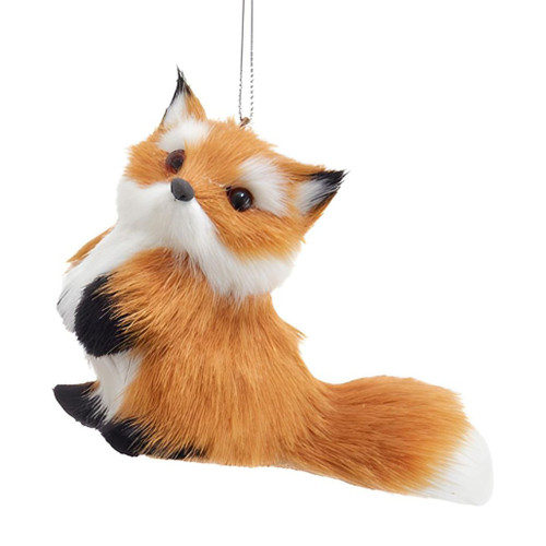 Furry fox Christmas ornament with orange and white faux fur and black-tipped accents.
Woodland fox ornament in a seated pose looking left with realistic detailing.
3-inch Kurt Adler fox ornament made of plastic and polypropelene.