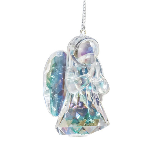 Opalescent acrylic angel ornament in a praying pose with faceted details.
2.5-inch clear iridescent angel Christmas ornament hanging from a silver cord.
Kurt Adler praying angel ornament made of acrylic.