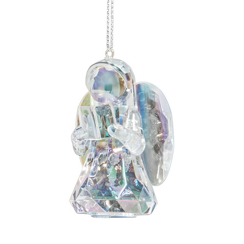 Opalescent acrylic angel ornament holding a book with faceted crystal-like detailing.
2.5-inch iridescent angel Christmas ornament with translucent wings and book.
Kurt Adler angel with book ornament made of acrylic.
