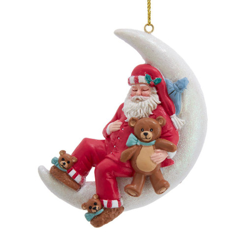 Sleeping Santa ornament resting on a glittered crescent moon
4 inch resin Santa Christmas ornament with painted details
Kurt Adler crescent moon Santa ornament in multicolor finish