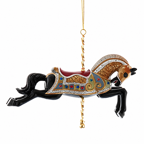Black carousel horse Christmas ornament with ornate gold and silver saddle details.
4-inch resin carousel horse ornament featuring colorful red and blue jewel accents.
Vintage-inspired hanging ornament styled after a classic carousel ride.
