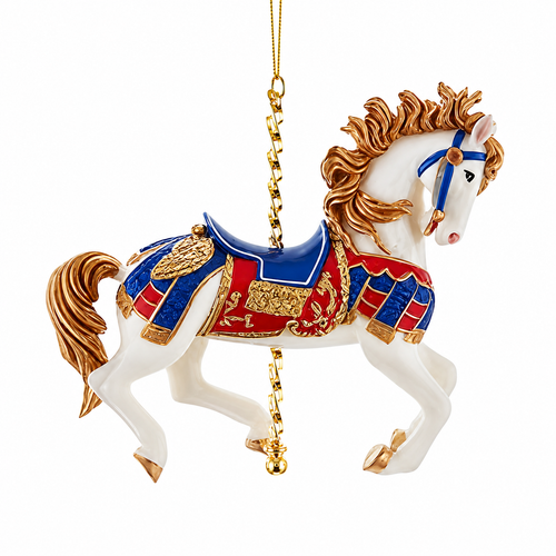 White carousel horse Christmas ornament with gold mane and tail.
4-inch resin carousel horse ornament with red, blue, and gold saddle details.
Hanging white carousel horse ornament with classic merry-go-round styling.