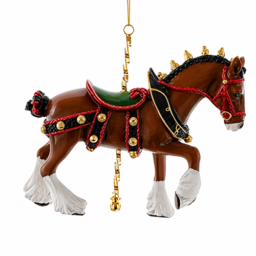 Brown Clydesdale carousel horse ornament with white feathered legs.
4-inch resin carousel horse ornament with red, black, green, and gold details.
Hanging Clydesdale horse Christmas ornament with classic carousel styling.