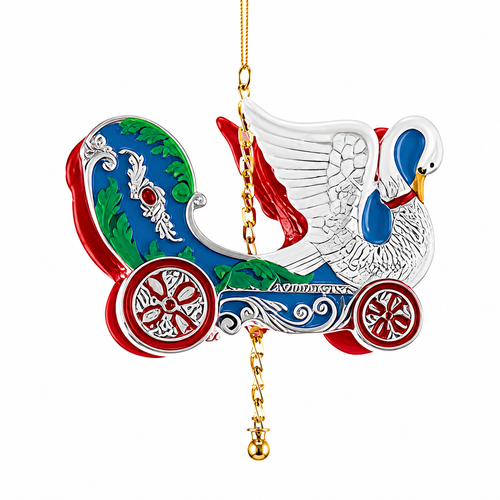 Swan carousel carriage Christmas ornament with red and blue detailing.
4-inch resin carriage ornament with white swan, wheels, and green accents.
Hanging swan carriage ornament with ornate silver and gold carousel details.