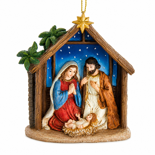 Multicolor nativity stable scene Christmas ornament by Kurt Adler.
4-inch resin ornament featuring a miniature Nativity scene in a stable.
Faith-inspired hanging ornament for trees, garlands, and holiday displays.