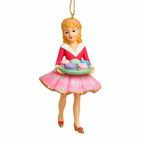 Blonde dessert girl Christmas ornament with tea time styling.
4.25-inch resin Tea Time Dessert Girl ornament by Kurt Adler.
Whimsical bakery-themed ornament for pastel and dessert holiday displays.
