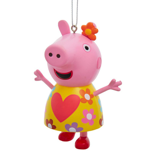 Peppa Pig ornament wearing a bright yellow dress.
Character Christmas ornament featuring Peppa Pig with colorful details.
Resin Peppa Pig ornament for family-friendly holiday decorating.